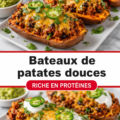 Bateaux de patate douce garnis de légumes et protéines, plats colorés et nutritifs.