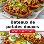 Bateaux de patate douce garnis de légumes et protéines, plats colorés et nutritifs.