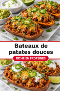 Bateaux de patate douce garnis de légumes et protéines, plats colorés et nutritifs.
