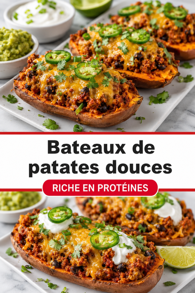 Bateaux de patate douce garnis de légumes et protéines, plats colorés et nutritifs.