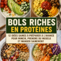 Bols protéinés colorés sur une table avec divers ingrédients sains