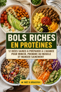Bols protéinés colorés sur une table avec divers ingrédients sains