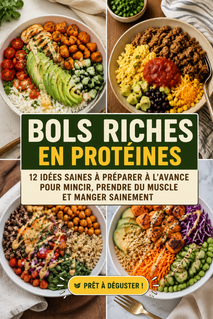 Bols protéinés colorés sur une table avec divers ingrédients sains