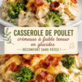 Casserole crémeuse au poulet servie dans un plat en céramique, prête à déguster.