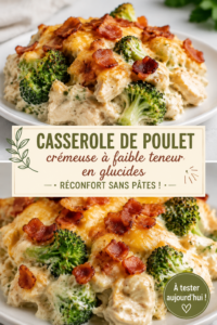 Casserole crémeuse au poulet servie dans un plat en céramique, prête à déguster.