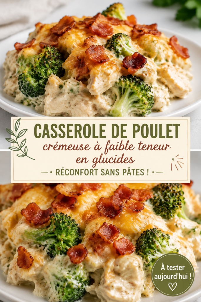 Casserole crémeuse au poulet servie dans un plat en céramique, prête à déguster.