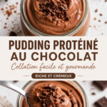 Crème au chocolat haute en protéines dans un bol avec une cuillère, prête à déguster.
