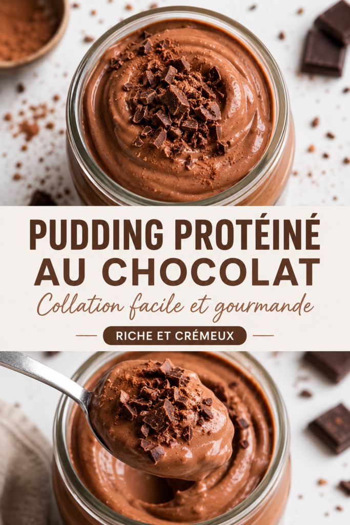 Crème au chocolat haute en protéines dans un bol avec une cuillère, prête à déguster.