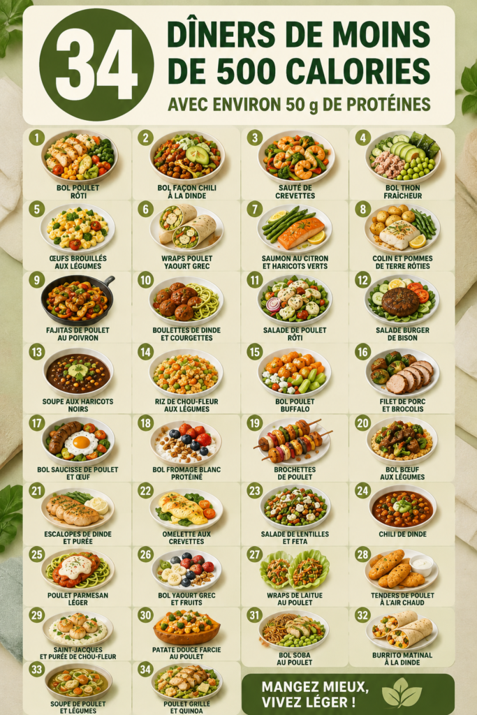 Assiette de dîners sains et colorés, illustrant des recettes sous 500 calories