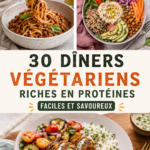 Recettes de dîners végétariens riches en protéines dans une assiette colorée.