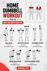 Femme faisant un entraînement de musculation avec haltères à la maison pour sculpter son haut du corps.