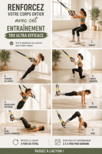 Femme en séance d'entraînement TRX, renforçant tout son corps.
