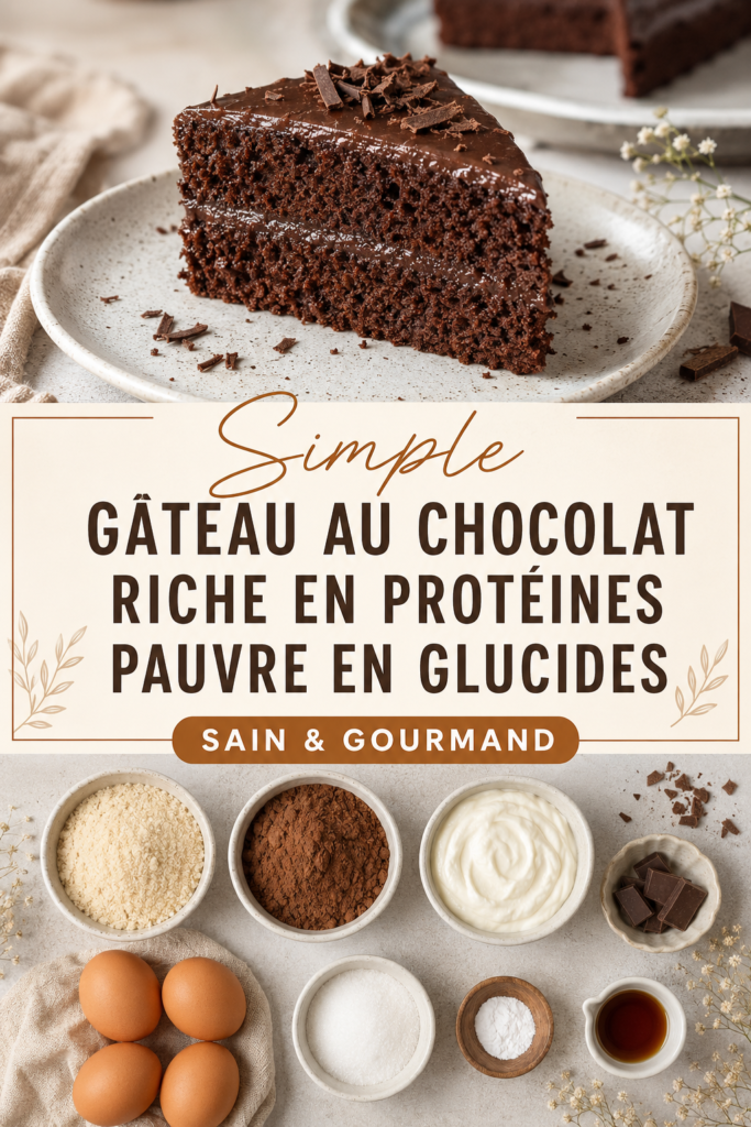 Gâteau au chocolat simple et protéiné sur une table avec des décorations saines