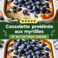 Un gâteau de fromage blanc aux myrtilles, prêt à être dégusté, riche en protéines et agréable à l'œil.