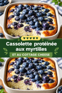 Un gâteau de fromage blanc aux myrtilles, prêt à être dégusté, riche en protéines et agréable à l'œil.