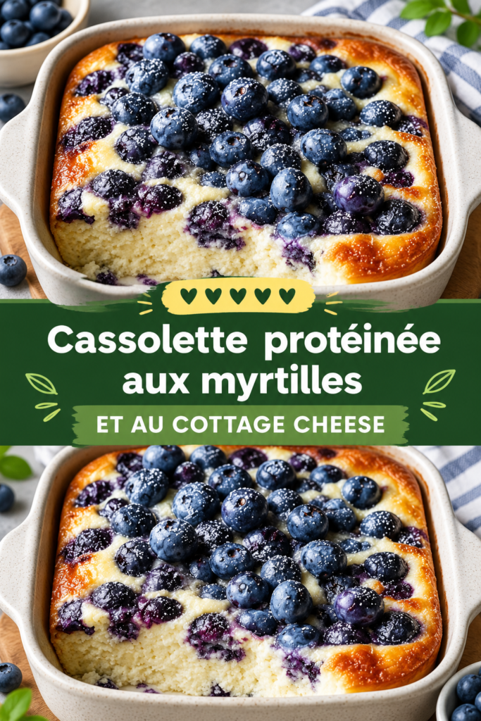 Un gâteau de fromage blanc aux myrtilles, prêt à être dégusté, riche en protéines et agréable à l'œil.