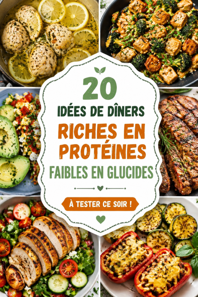 Un plat coloré de dîners riches en protéines et faibles en glucides avec des légumes frais.