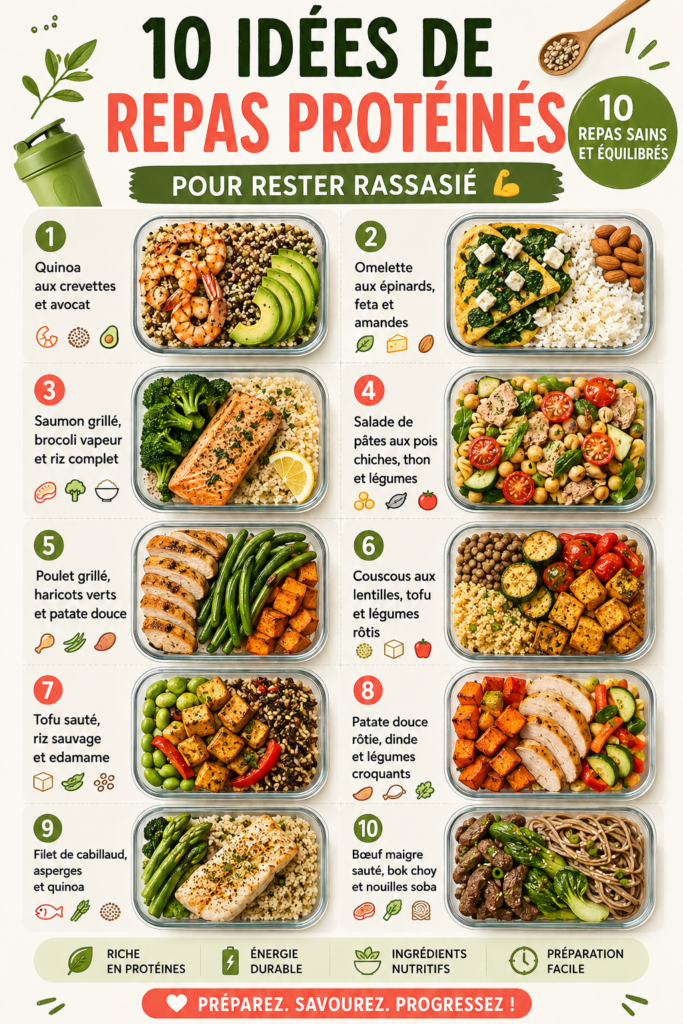Un assortiment de repas équilibrés riches en protéines, parfaits pour une alimentation saine.