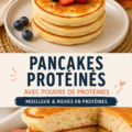 Pancakes protéinés garnis de fruits frais sur une assiette.