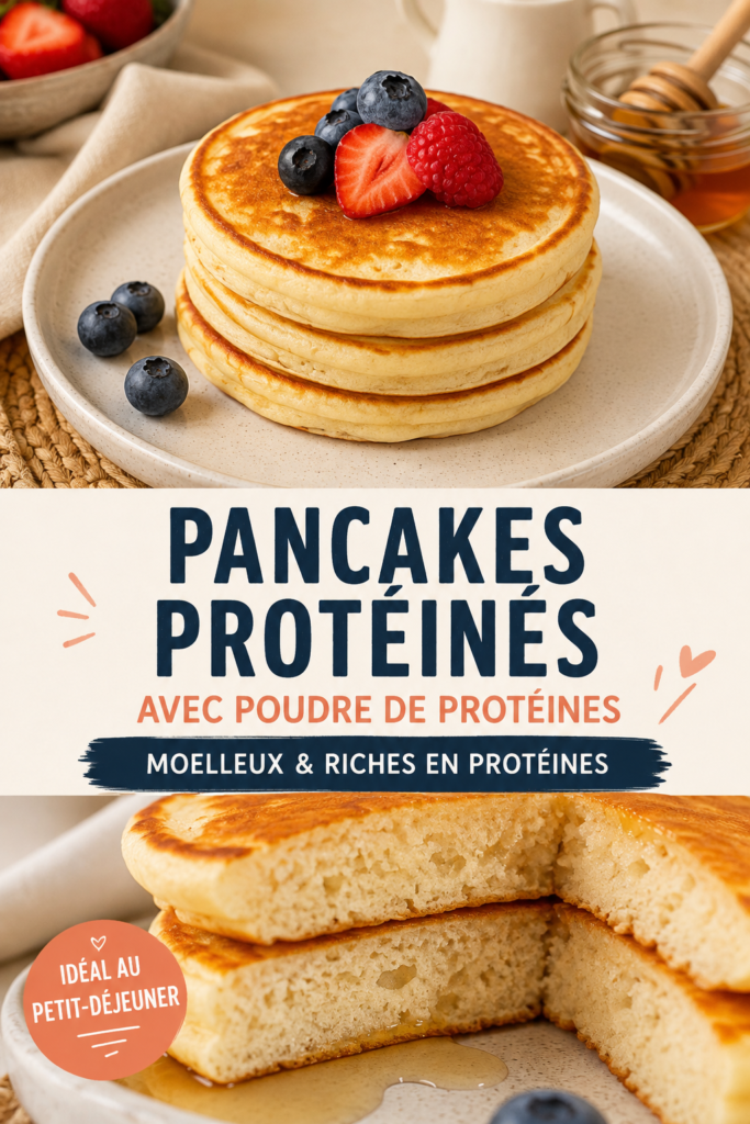 Pancakes protéinés garnis de fruits frais sur une assiette.
