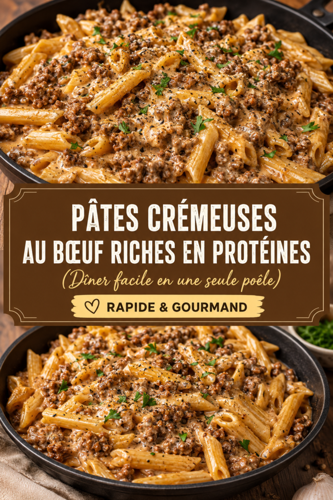 Un plat de pâtes crémeuses au bœuf, appétissant et riche en protéines.
