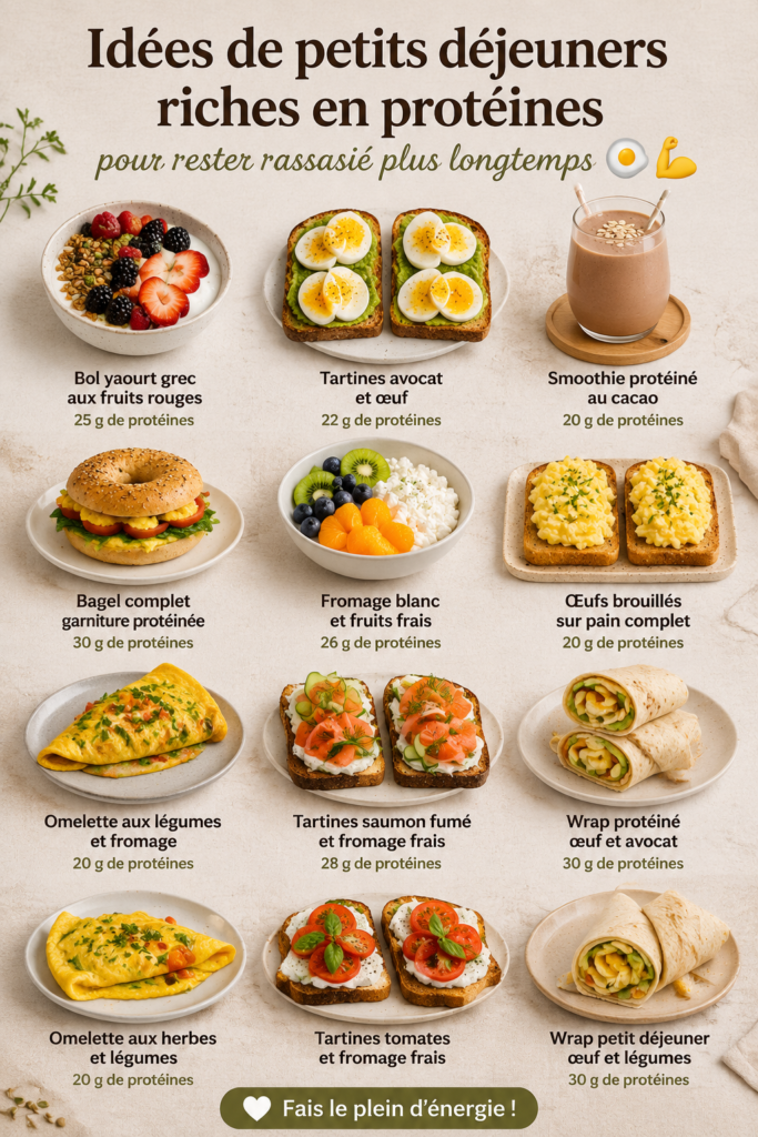 Assiette de petits-déjeuners variés riches en protéines, incluant des œufs et des fruits.