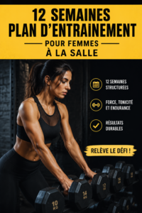 Femme souriante utilisant des poids en salle de sport dans le cadre de son entraînement de 12 semaines.