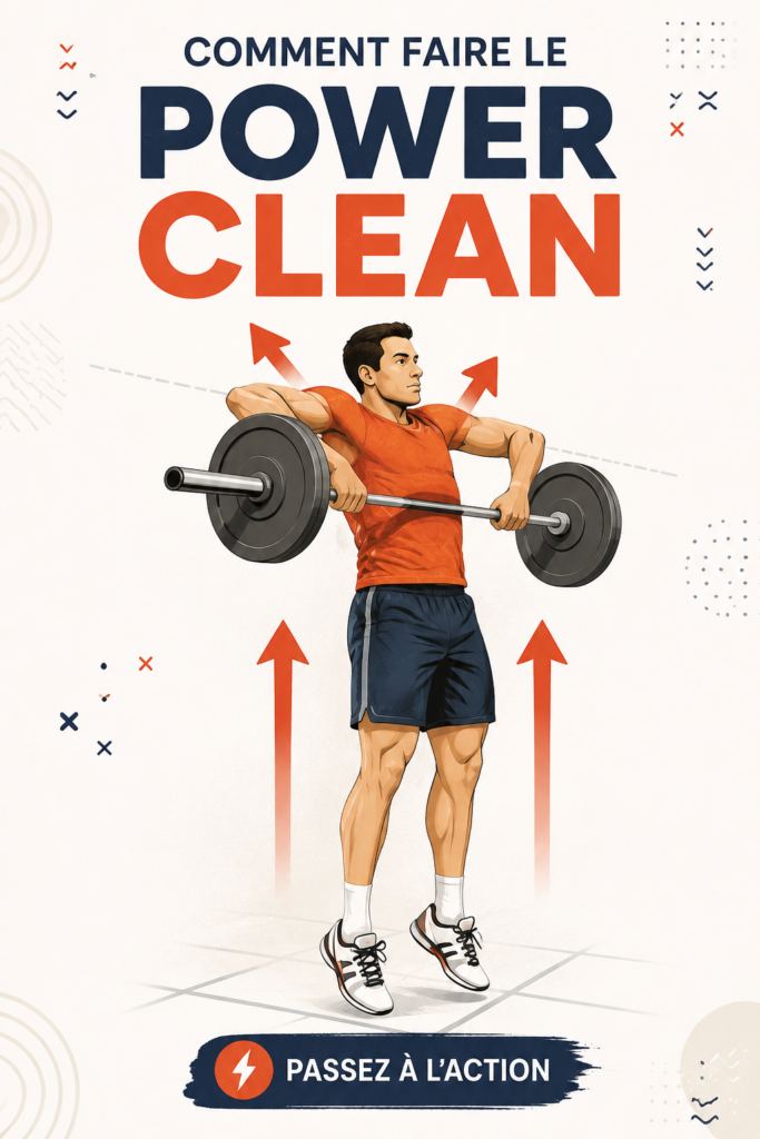 Femme exécutant un power clean avec une barre, en pleine concentration.