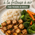 Assiette de plats protéinés cuisinés à la friteuse à air, mettant en avant des légumes et des protéines d'origine animale et végétale.
