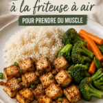 Assiette de plats protéinés cuisinés à la friteuse à air, mettant en avant des légumes et des protéines d'origine animale et végétale.