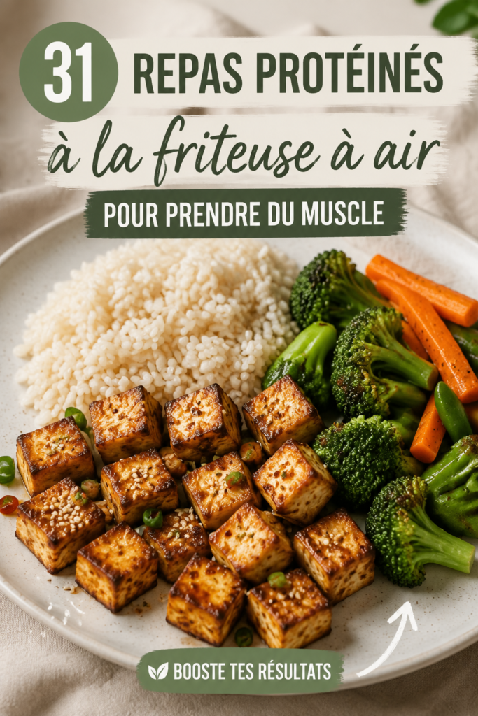 Assiette de plats protéinés cuisinés à la friteuse à air, mettant en avant des légumes et des protéines d'origine animale et végétale.