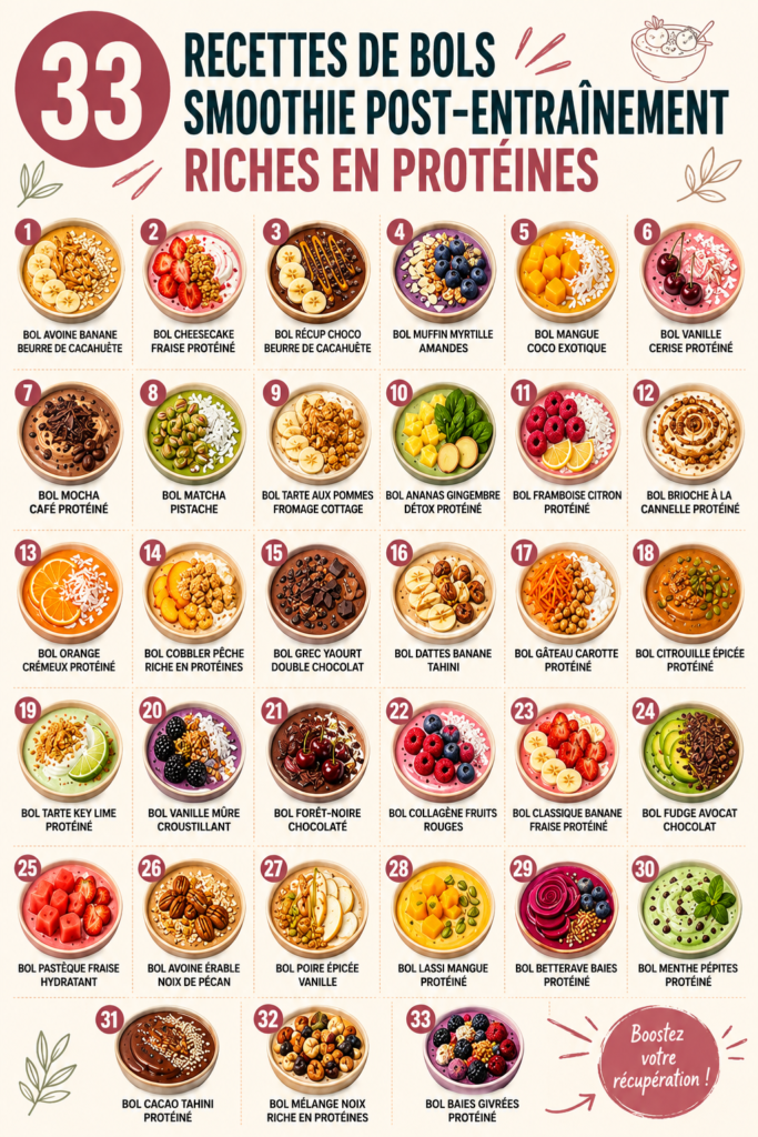 Un smoothie bowl coloré avec des fruits frais et des graines, parfait pour la récupération après le sport.