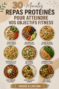 Assiette de repas protéinés préparés en 30 minutes avec légumes et viande