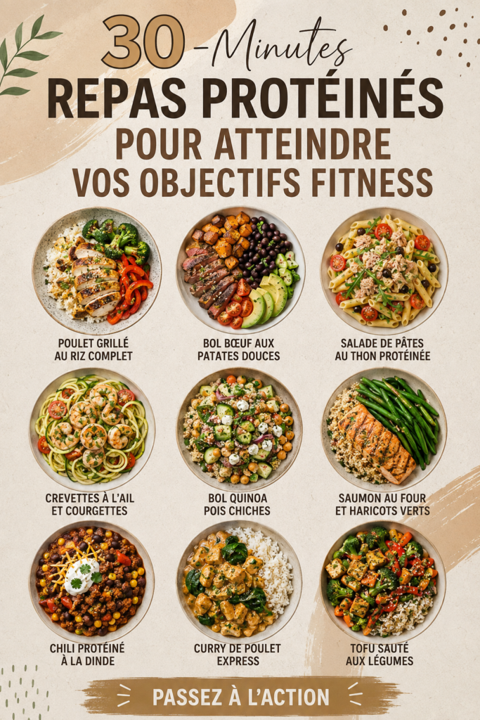 Assiette de repas protéinés préparés en 30 minutes avec légumes et viande