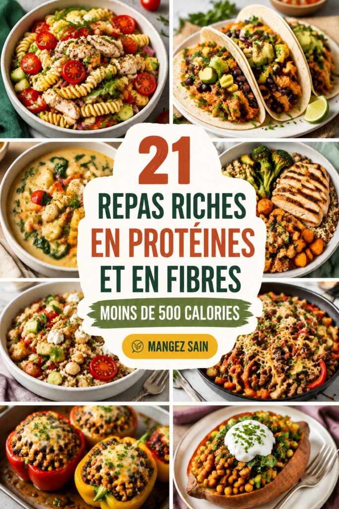 Assiette de repas riche en protéines et fibres, coloré et appétissant.