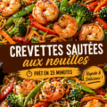 Sauté de crevettes et nouilles colorées prêtes à servir.