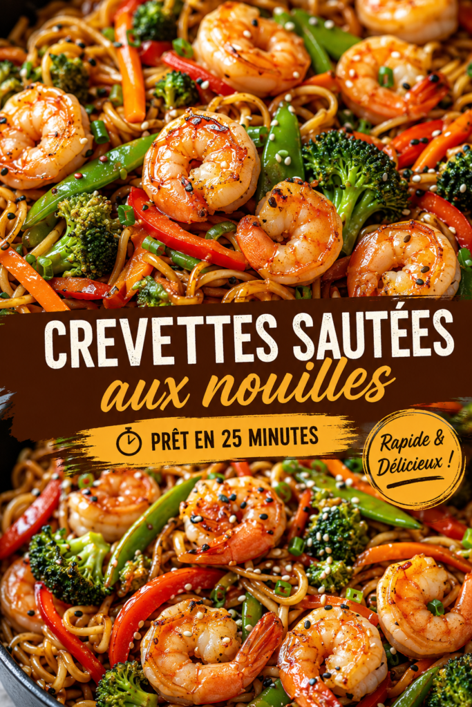 Sauté de crevettes et nouilles colorées prêtes à servir.