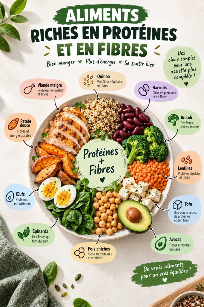 Assiette colorée avec des aliments riches en protéines et en fibres, idéale pour une alimentation saine.