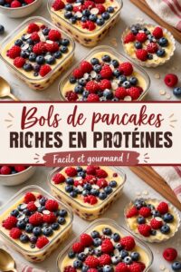 Bols de pancakes protéinés garnis de fruits et de noix, servis sur une table en bois.
