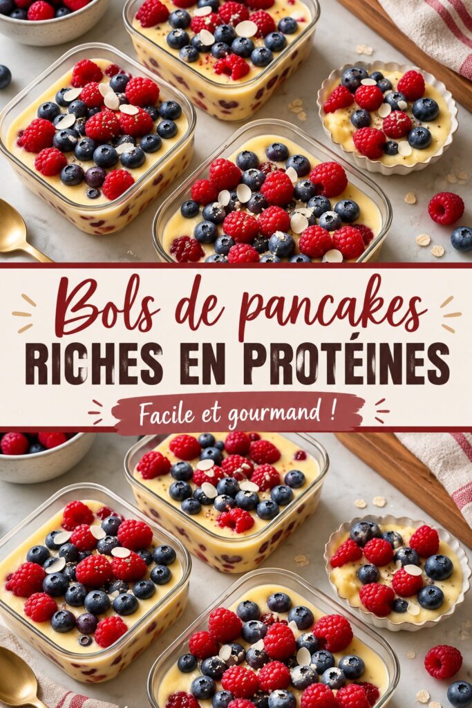 Bols de pancakes protéinés garnis de fruits et de noix, servis sur une table en bois.
