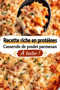 Casserole de poulet parmesan riche en protéines, prête à être servie sur une table