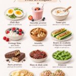 Assiette de collations variées riches en protéines, incluant des barres énergétiques et des fruits