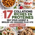 Sélection de collations saines et protéinées sur une table en bois.