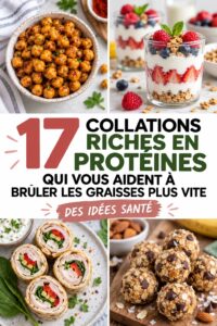 Sélection de collations saines et protéinées sur une table en bois.