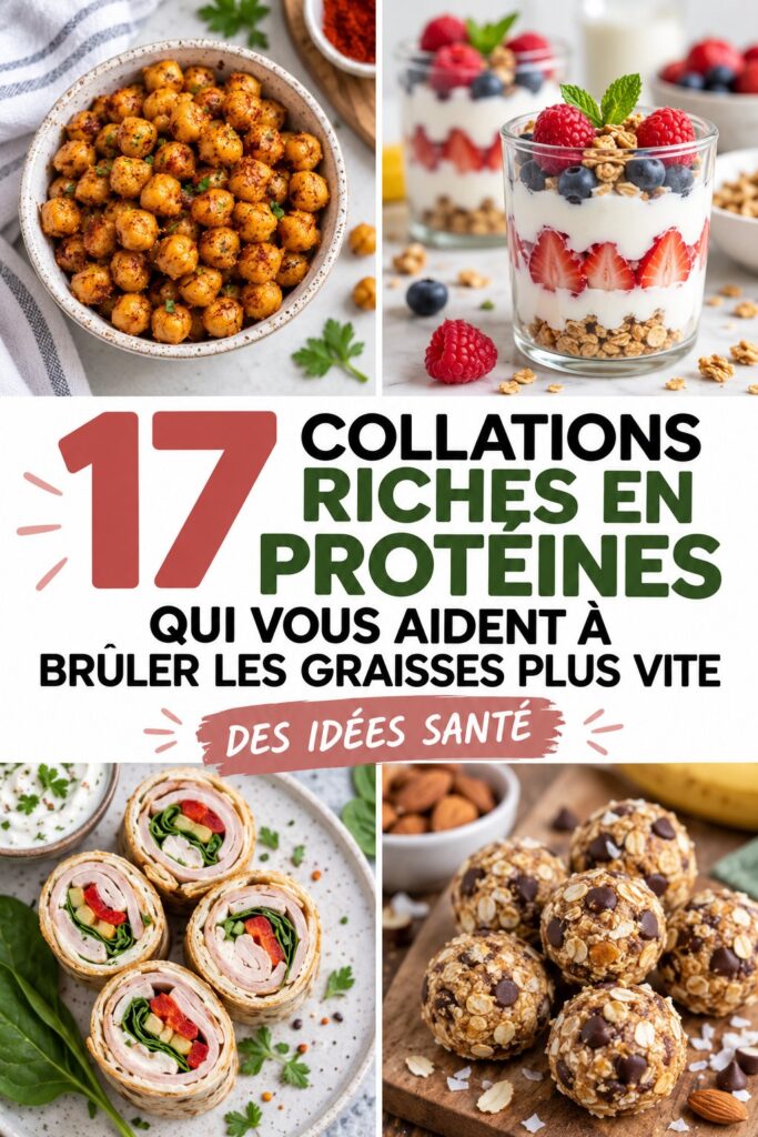 Sélection de collations saines et protéinées sur une table en bois.