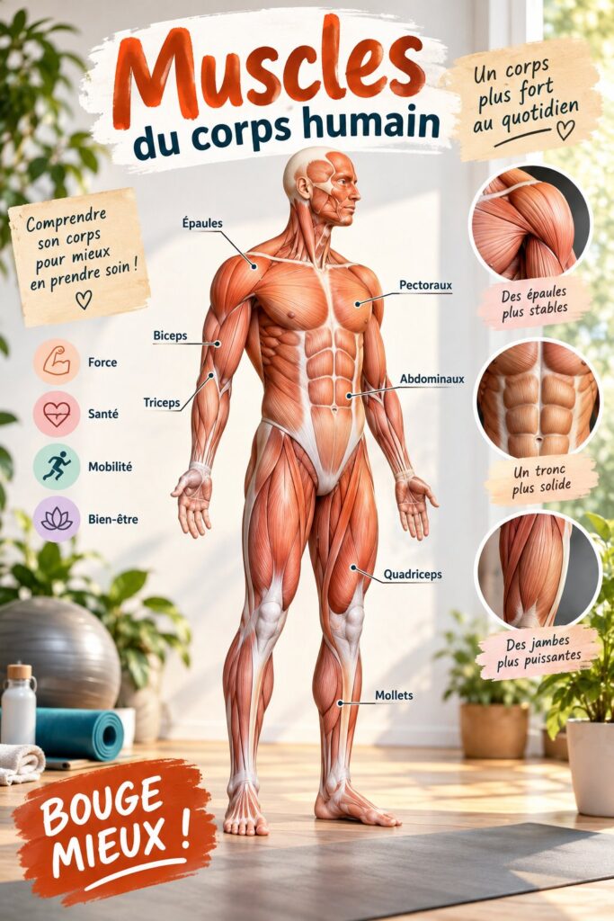 Illustration des muscles du corps humain, mettant en valeur les principaux groupes musculaires pour le fitness.