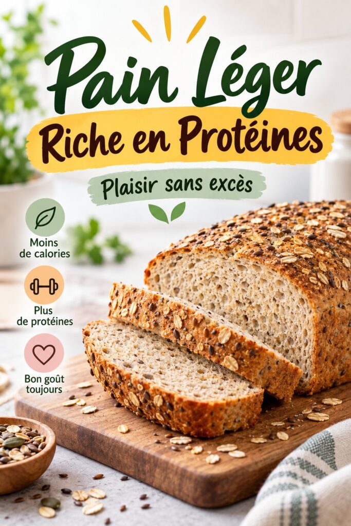 Pain faible en calories et riche en protéines sur une table en bois, entouré d'ingrédients sains.