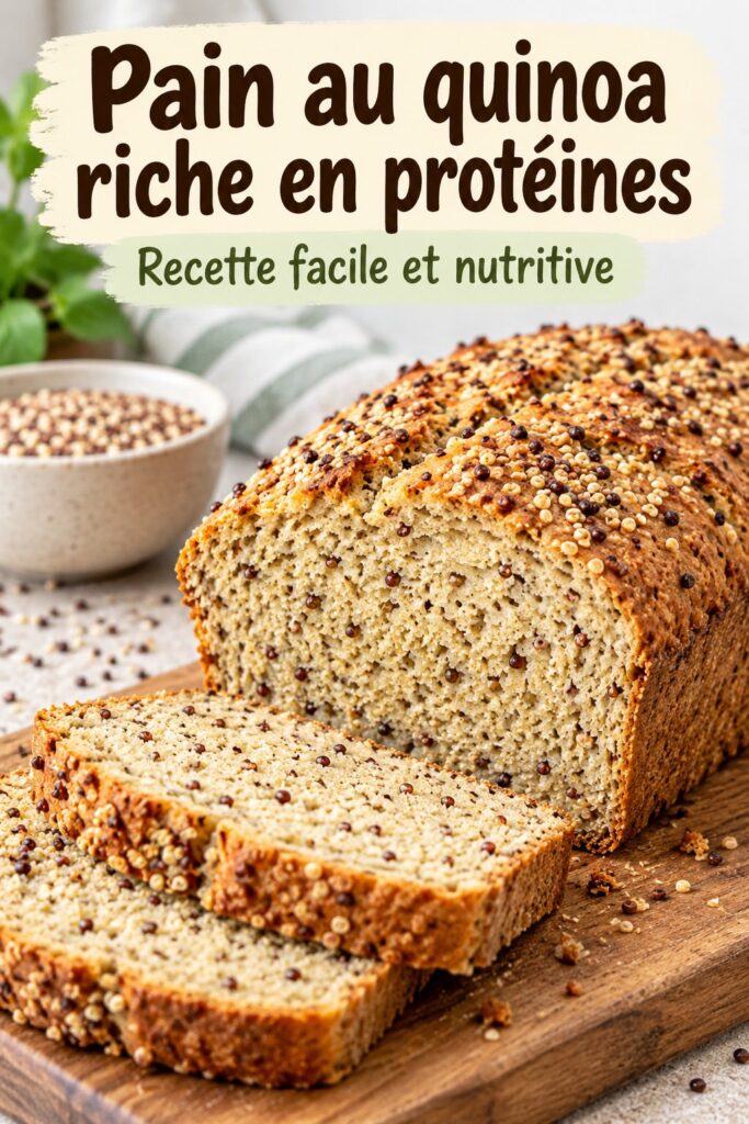 Pain de quinoa frais et doré sur une table en bois, mettant en avant sa texture.