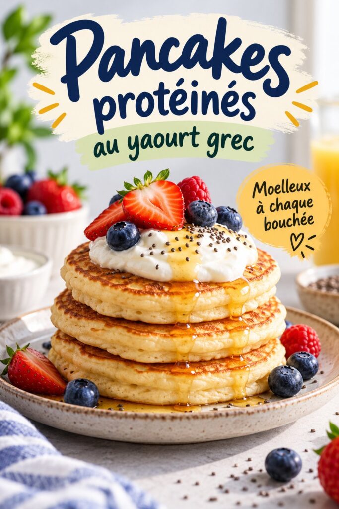 Des pancakes protéinés au yaourt grec légèrement dorés, servis avec des fruits frais.