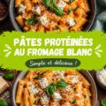 Plat de pâtes protéinées au fromage blanc avec légumes colorés, prêt à manger.